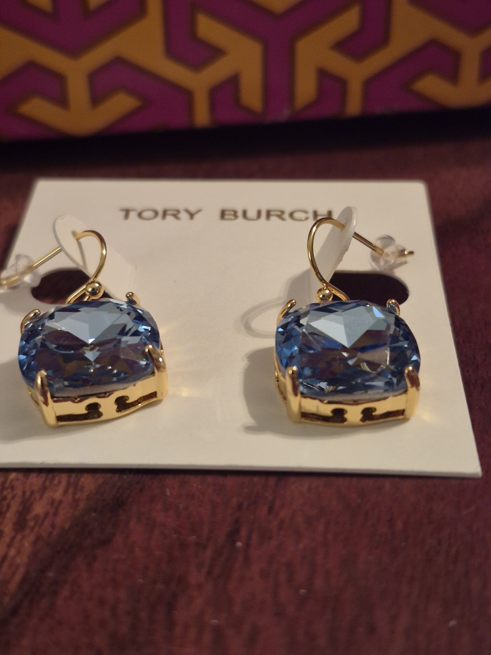 Tory Burch Gold-Plated Blue Crystal Drop Earrings - Picture 3 of 7